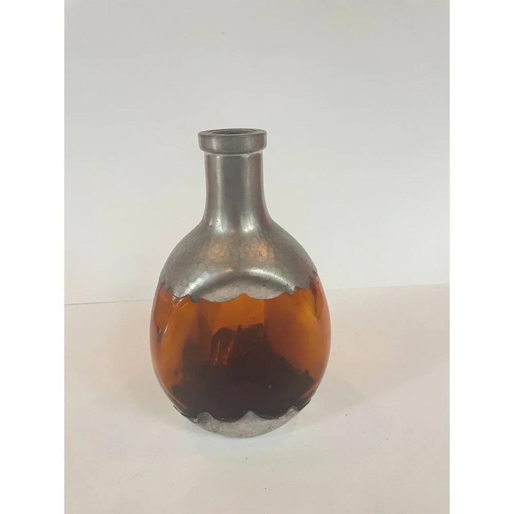 Vintage Amber Glass‎ Decanter Hammered Metal Overlay Scalloped Bottle Brutalist